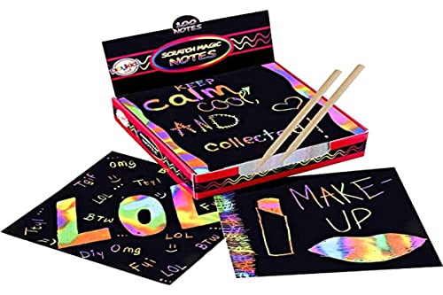 Playkidiz Kit de Arte de Scratch de Magic - 2 herramientas de lápiz para niños y adultos - Crear coloridas tarjetas de arco iris, notas, imágenes y otros arte sin tinta - 100 hojas de papel negro