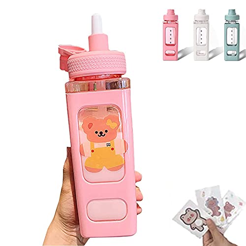 700ML Botella de agua de oso lindo Kawaii, botella de beber cuadrada portátil de plástico deportivo con pajita y pegatina para niños y niñas, útiles escolares (Rosado)