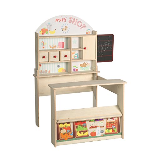 roba Tienda Infantil de Comestibles de Juguete en Madera - Minishop para Niños - Tienda con Reloj y Pizarra - Natural / Impresión de Alimentos