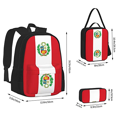 Conjuntos de mochilas escolares 3 piezas Niños Adolescentes (Bandera de Perú) Bolsa de libros + Bolsa de almuerzo + Estuche de lápices Lindo Trabajo universitario Gimnasio Senderismo Pesca Bolsa de