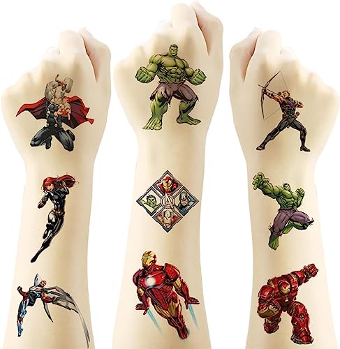 4 Sheets Tatuajes temporales de Marvel Avengers, pegatinas de piel (más de 100 diseños), cumpleaños para,útiles escolares, suministros de fiesta, pegatinas de regalo para niños…