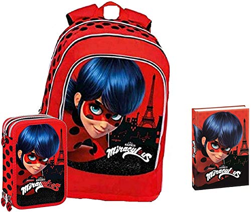 Schoolpack Mochila escolar Miraculous Ladybug Redondo Organizado + Estuche Triple Completo + Diario Ladybug Rojo con Glitter 12 meses