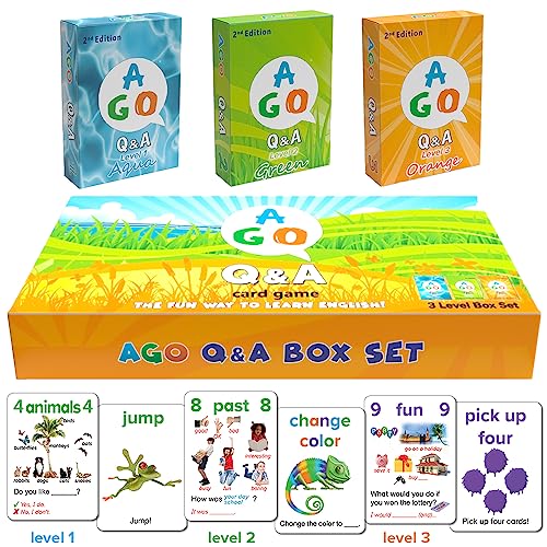 Juegos de Cartas AGO QnA Box Set. Juegos educativos para Aprender inglés. ¡Practica la conversación, fomenta el Vocabulario en Ingles y la gramatica Inglesa con Este Divertido Juego de Cartas!