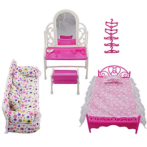 Yudanny 8 Unids/Set Accesorios de Muebles de Princesa Juego de Tocador de Regalo+ Juego de Sofá+ Juego de Cama+ Perchas para Dormitorio Muñeca Barbie
