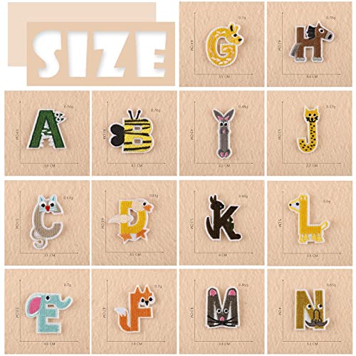 Bymivofun 26 parches con letras, parches de dibujos animados con letras para niños, parches de animales del alfabeto A-Z, para planchar con nombre o coser, para camisetas, jeans, bolsas de ropa