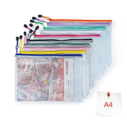 POPYS 10 Bolsas de Archivo de Cremallera | Bolsa de Documentos de Plástico de Impermeable 5 Colores, Bolsas de Archivos de Malla para uso de Oficina y uso Escolar
