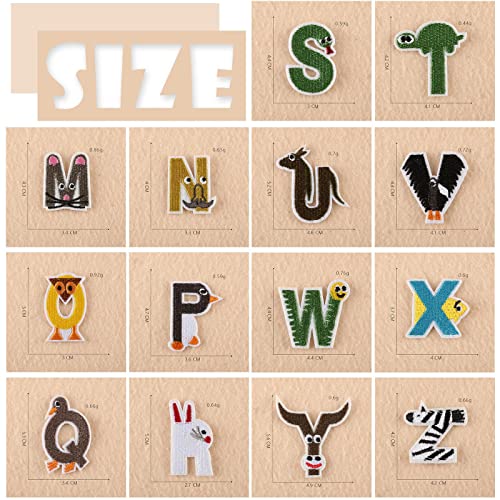 Bymivofun 26 parches con letras, parches de dibujos animados con letras para niños, parches de animales del alfabeto A-Z, para planchar con nombre o coser, para camisetas, jeans, bolsas de ropa