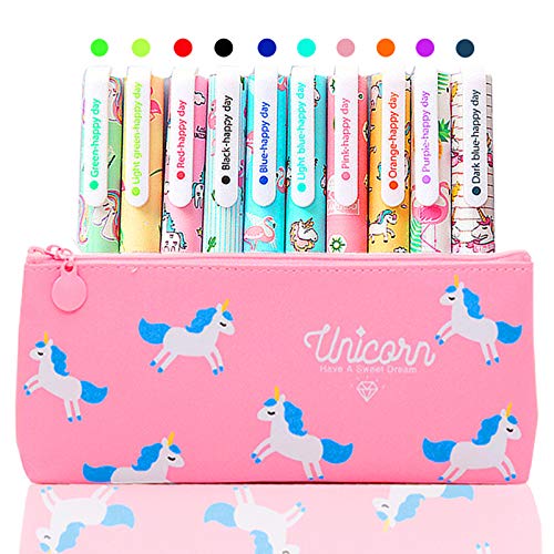 TOYESS Unicornio Estuche con 10 colores bolígrafo de gel regalo para niños niñas edad 3 4 5 6 7 8 9 10 años, flamenco lindo conjunto de bolígrafos de gel para niñas, regalo de cumpleaños, rosa