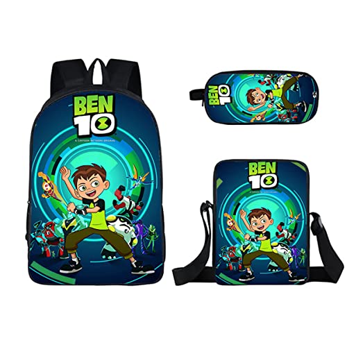 EyezeR Juego de 3 unidades Ben 10 con mochila impresa para estudiantes escolares con bolsa de hombro, estuche escolar, mochila de viaje, mochila ligera, multicolor, Talla única